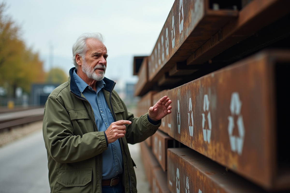 Ingénieur observe des poutres métalliques recyclées en extérieur