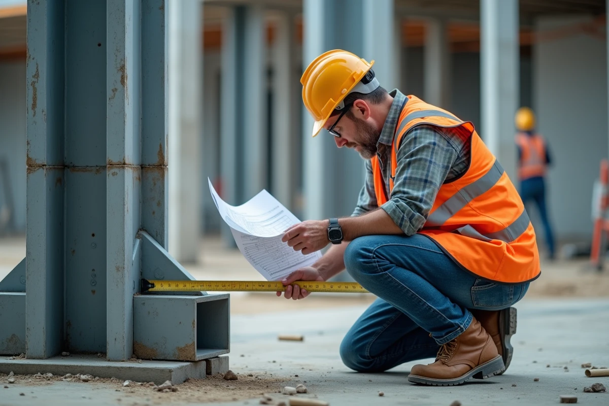 Ingénieur en structure examinant un poteau HEB sur un chantier de construction, mesurant les dimensions du profil acier avec un mètre ruban et des plans de calcul de charges.