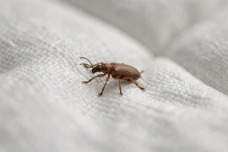 Gros plan macro d'un insecte brun ovale ressemblant à une punaise de lit sur un tissu de matelas blanc