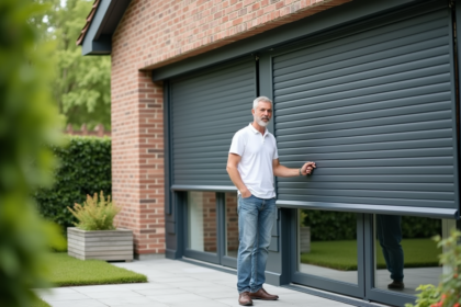 Homme inspectant volets roulants sur maison moderne