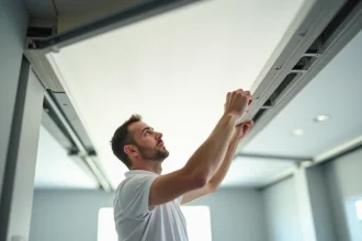 Installateur de plafond tendu examinant une membrane PVC dans un espace commercial moderne, détail du profilé aluminium visible