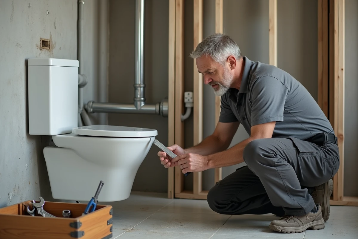 Plombier installant un bâti-support de WC suspendu lors de travaux de rénovation de salle de bain