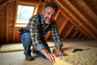 Hommes en overalls posant de l'isolant en fibre naturelle dans un grenier