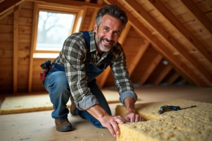Hommes en overalls posant de l'isolant en fibre naturelle dans un grenier