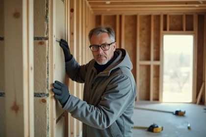 Artisan posant des panneaux d'isolation en laine minérale dans les murs d'une maison en rénovation