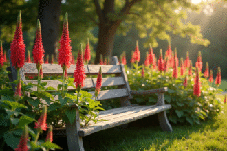 Jardin coloré avec fleurs rares K comme Kerria et Kniphofia