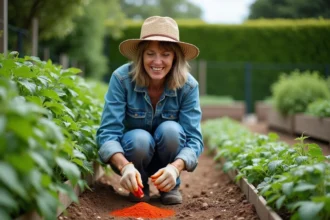 Femme jardinant avec paprika autour des tomates