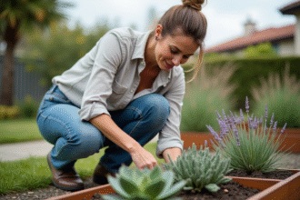 Femme plantant des succulentes dans un jardin extérieur