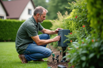 Homme ajustant un système d'irrigation dans un jardin verdoyant