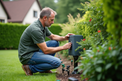 Homme ajustant un système d'irrigation dans un jardin verdoyant