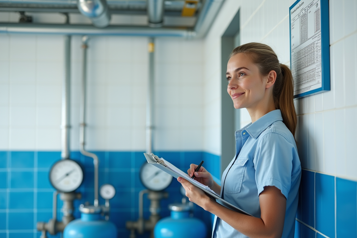 Jeune femme dans une salle technique inspectant un tableau de pression