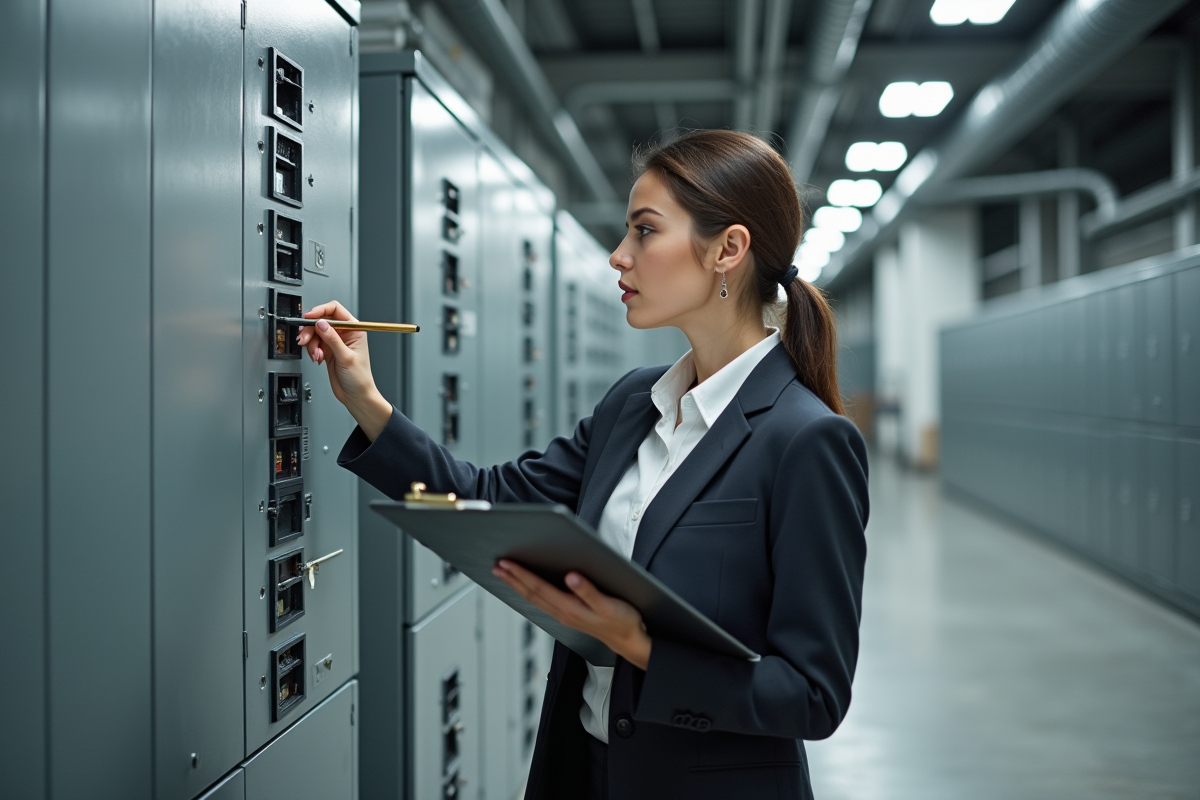 Jeune femme ingénieure vérifiant un tableau électrique en bureau
