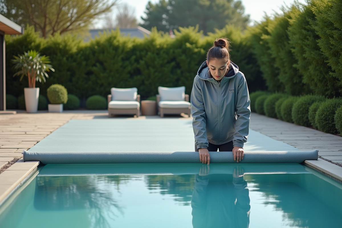 Jeune femme en extérieur fixe une couverture sur une piscine moderne
