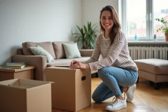 Jeune femme emballant une boîte dans un studio lumineux