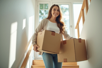 Jeune femme souriante portant des cartons dans une maison lumineuse