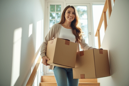 Jeune femme souriante portant des cartons dans une maison lumineuse
