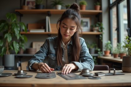 Jeune femme examine des échantillons de métaux dans un espace écologique