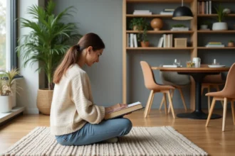 Jeune femme arrangeant des livres d'art dans un salon lumineux