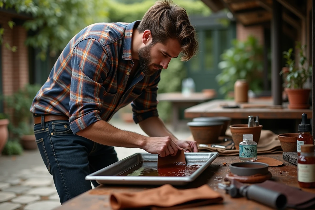 Jeune homme teintant un cuir végétal dans un atelier extérieur