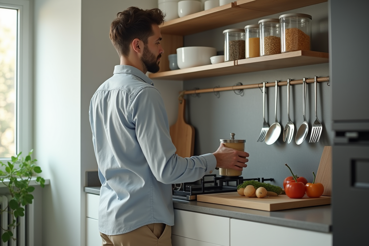 Jeune homme organisant la cuisine avec des bocaux et ustensiles