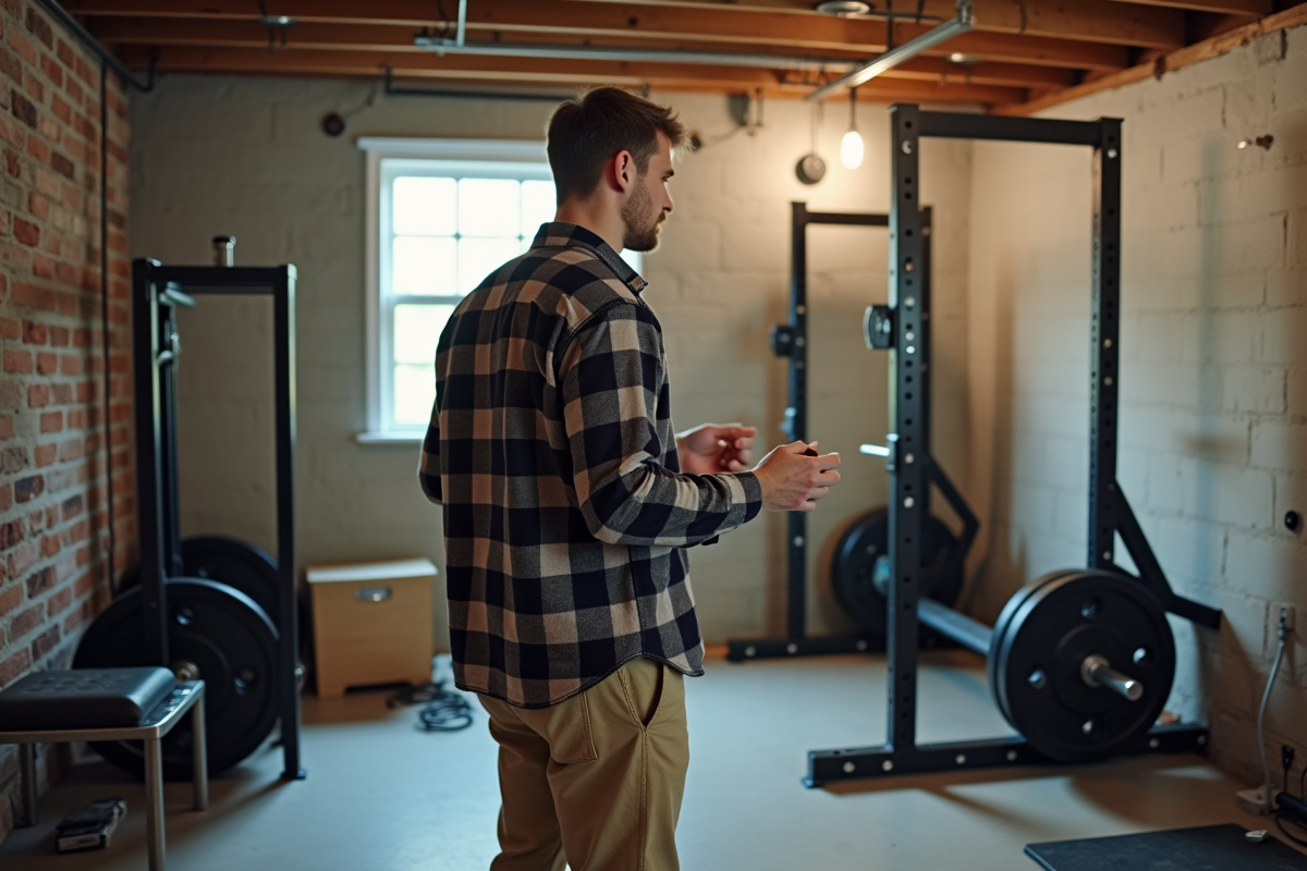 Jeune homme assemblant un gym maison dans un sous-sol