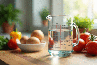 Pichet de mesure rempli d'eau avec légumes frais scene lumineuse