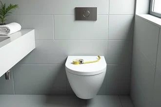 WC suspendu blanc dans une petite salle de bain avec mètre ruban posé dessus pour mesurer la largeur standard