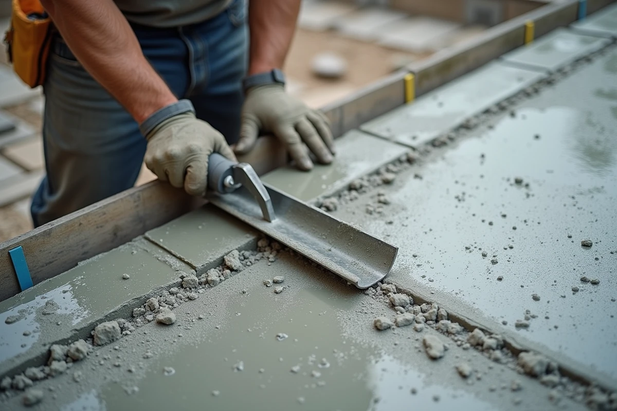 Vue en plongée d'un ouvrier lissant une dalle de béton fraîchement coulée avec une règle en aluminium sur terrasse