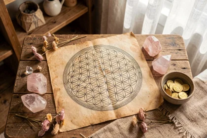 Mandala fleur de vie dessiné à la main entouré de cristaux et de pièces dorées sur une table en bois, rituel d'abondance à la maison