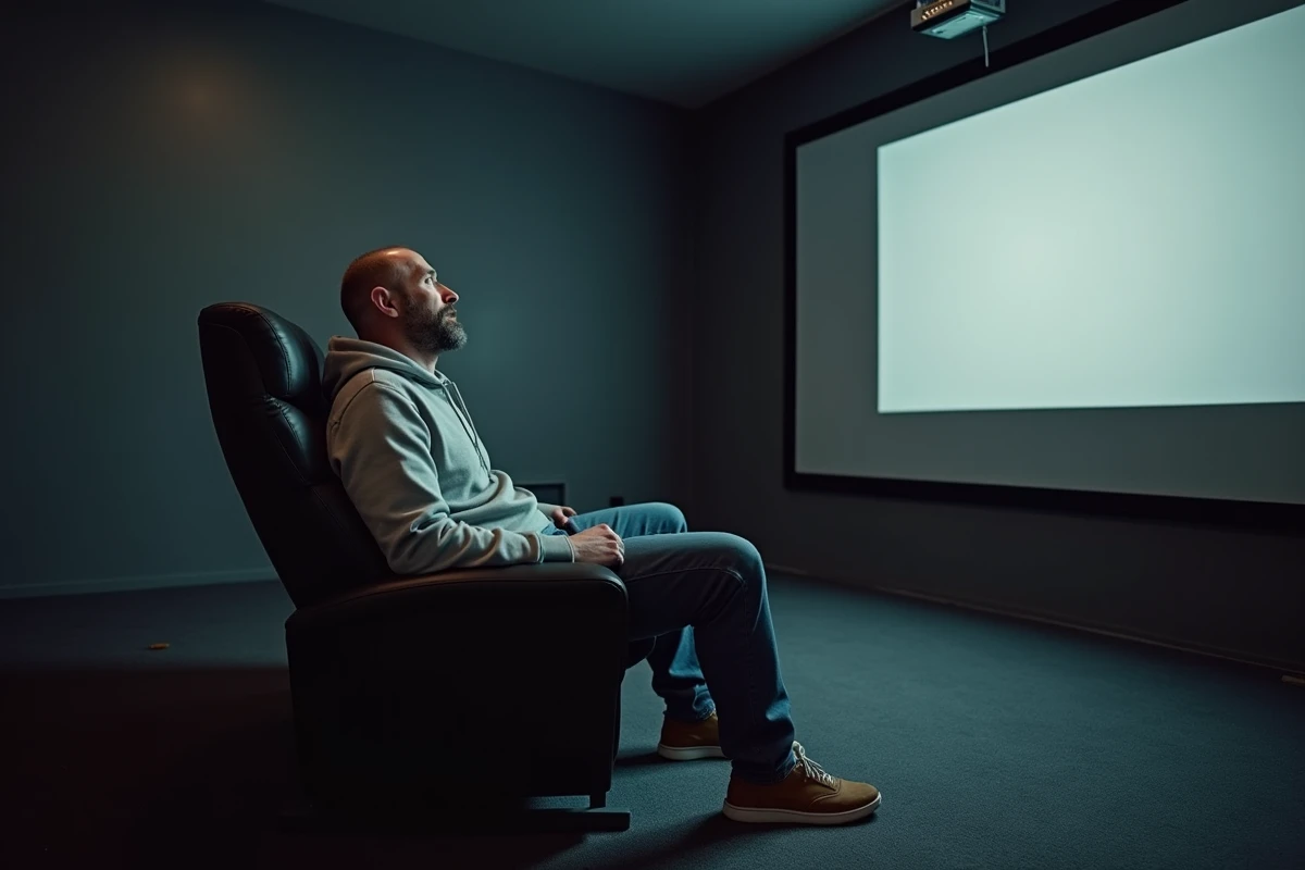 Homme mal installé trop près de l'écran dans une salle de cinéma maison