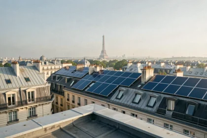 Vue panoramique de toits parisiens équipés de panneaux solaires avec la silhouette de la Tour Eiffel en arrière-plan