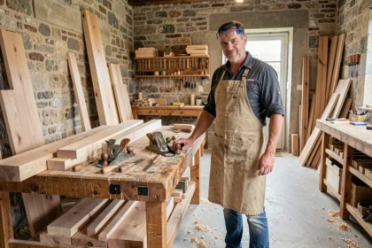 Artisan menuisier dans un atelier traditionnel en Auvergne-Rhône-Alpes entouré d'outils et de panneaux de bois