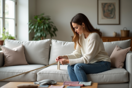 Femme mesurant un canapé en tissu dans un salon lumineux