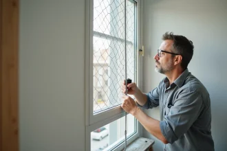 Homme mesurant un cadre de fenêtre avant l'installation d'un grillage de protection