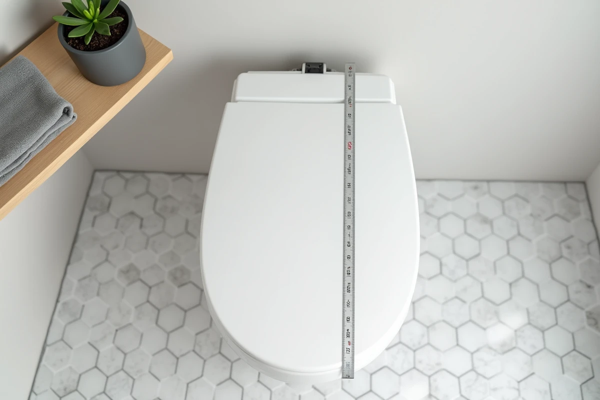 Gros plan d'un mètre ruban sur un WC suspendu pour mesurer la largeur standard entre 35 et 40 centimètres