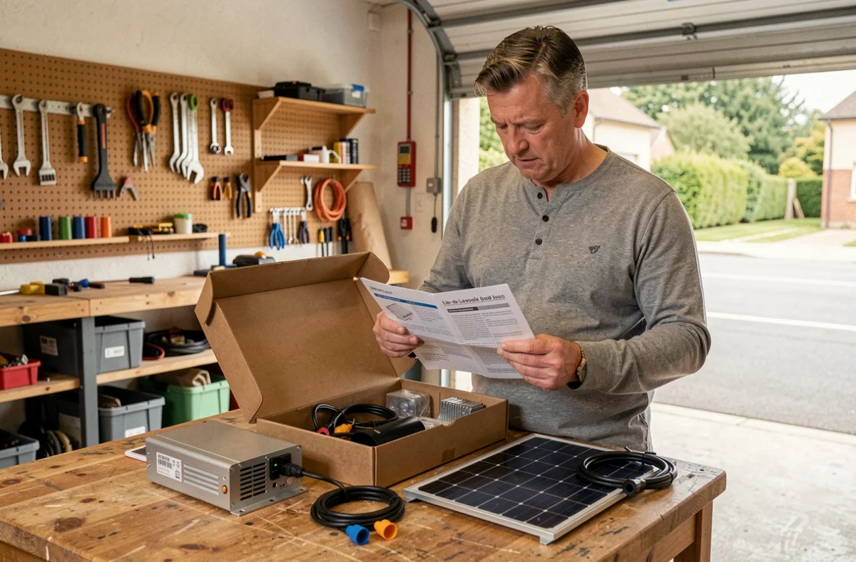 Un homme déballe un kit solaire Mon Kit Solaire dans son garage de maison pavillonnaire en Île-de-France