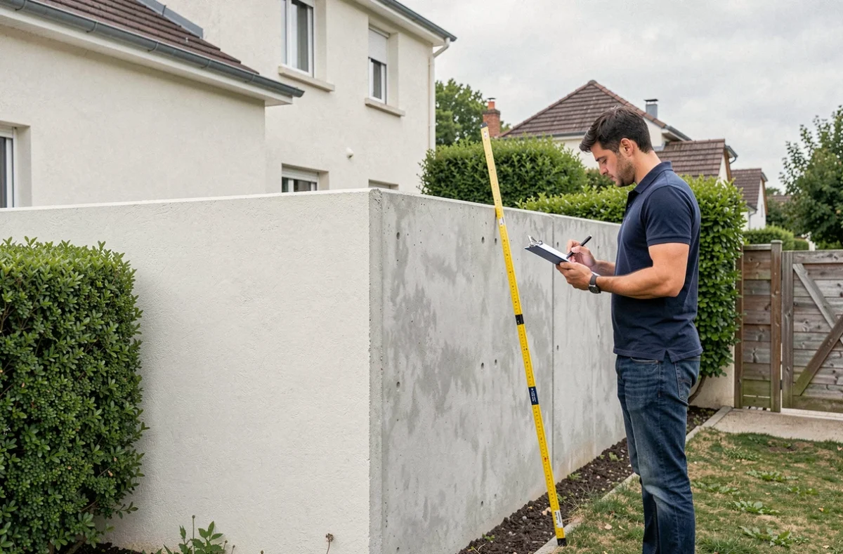 Homme mesurant la hauteur d'un mur mitoyen en béton dans un jardin de maison pavillonnaire en banlieue française