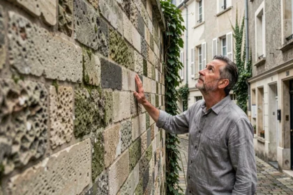 Homme examinant un mur mitoyen en pierre de grande hauteur dans une ruelle urbaine pavée entre deux maisons de ville