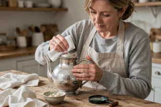 Femme nettoyant délicatement un objet au poinçon métal argenté avec un chiffon microfibre sur une table en bois rustique