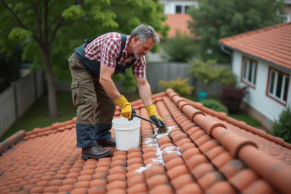 Homme en overalls nettoyant des tuiles de toit rouges