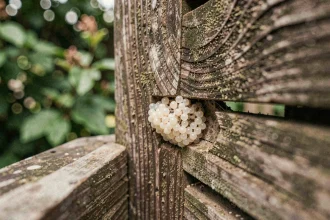 Gros plan macro d'un nid de mouche avec œufs et larves dans une fissure de bois de jardin
