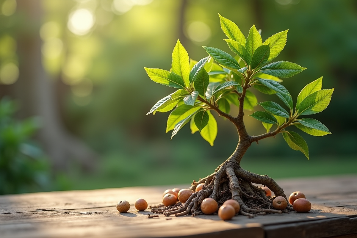 Jeune arbre de noix avec feuilles vertes et racines visibles