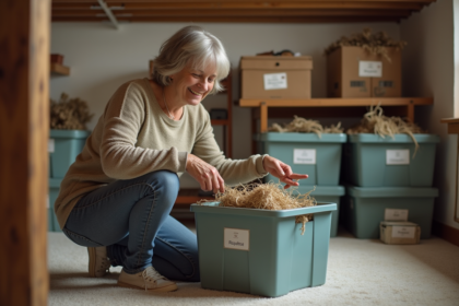 Femme d'âge moyen organisant des boîtes vintage dans un sous-sol