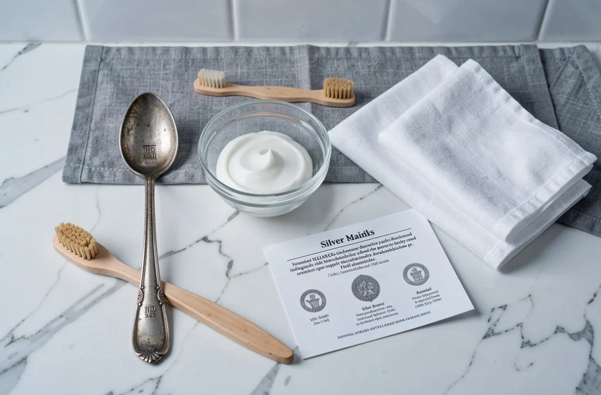 Vue de dessus des outils et produits nécessaires pour nettoyer un objet au poinçon métal argenté sans l'abîmer