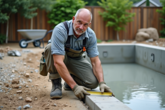Ouvrier en construction vérifiant la dalle de béton d'une piscine
