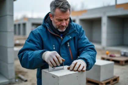 Ouvrier de construction mesurant un parpaing avec règle