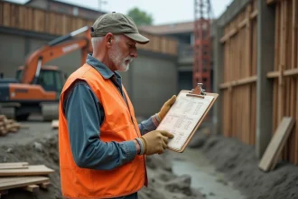 Ouvrier sur chantier consultant un tableau de calcul de volume de béton sur un clipboard