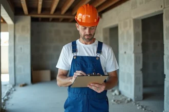 Ouvrier en bleu vérifiant une checklist sur un chantier