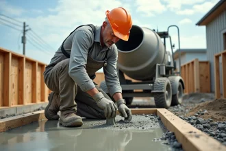 Ouvrier versant du béton frais sur une dalle en construction avec coffrage en bois et treillis métallique