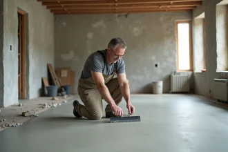 Ouvrier en overalls lissant un sol en béton frais